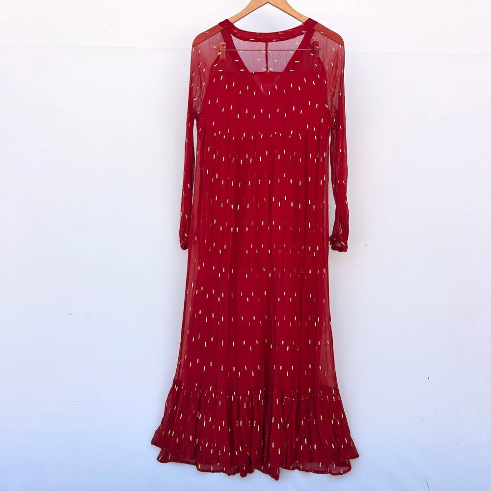 Sezane Celeste Maxi Dress Long Sleeve Red Sheer Bohemian Boho 36 Size 4 - Picture 5 of 10